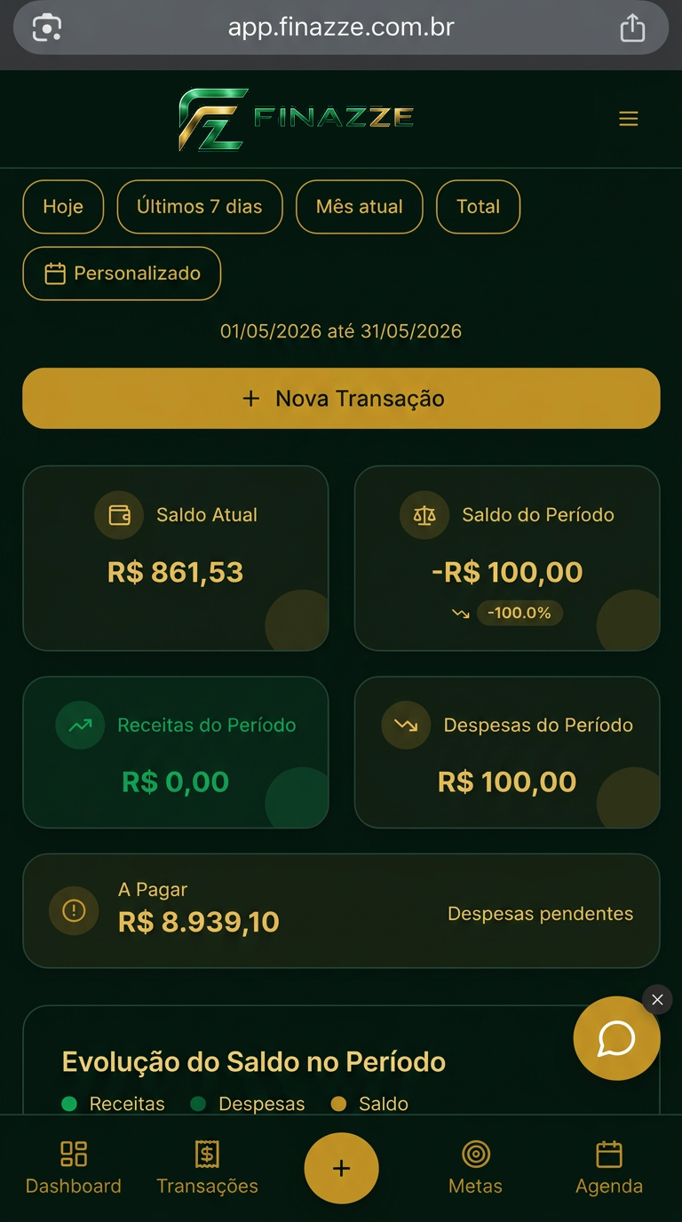 Painel web do Finazze mostrando saldo, receitas, despesas e contas a pagar