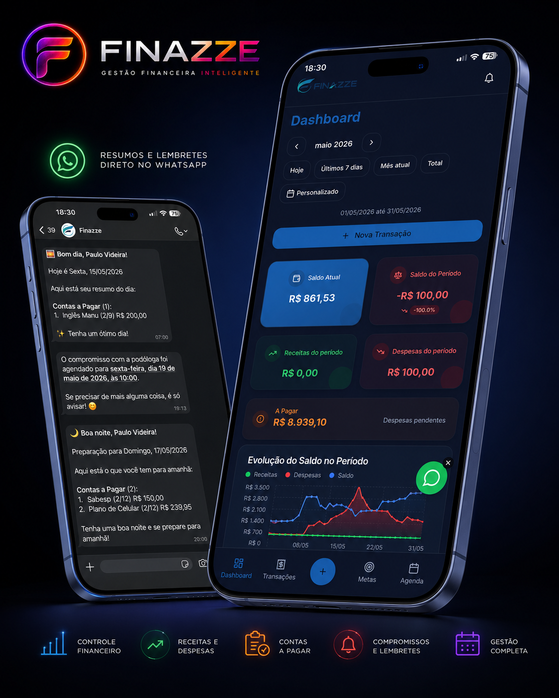 Finazze - app de gestão financeira com integração WhatsApp